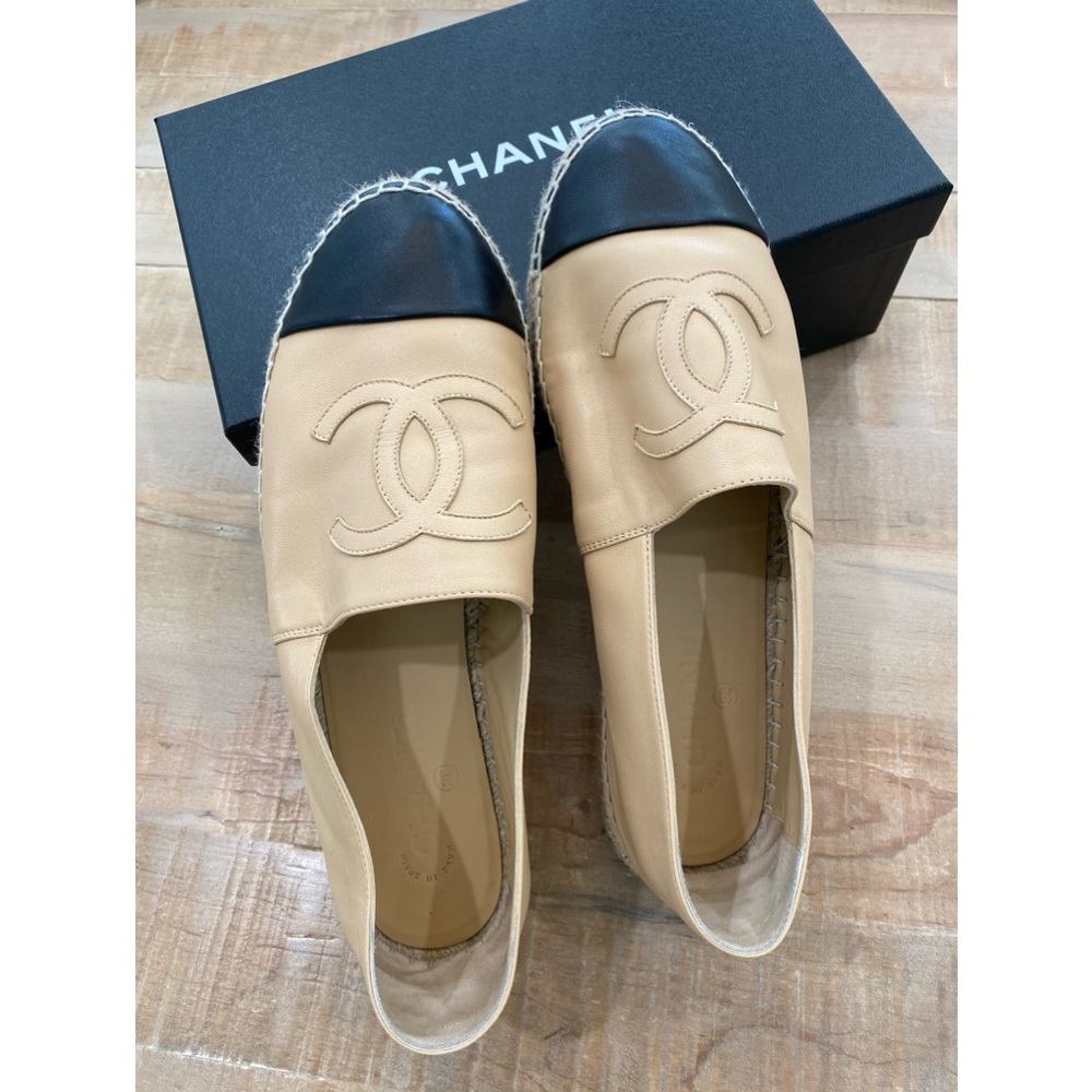 Chanel Lambskin Beige & Black Classic Logo Espadrilles shoes